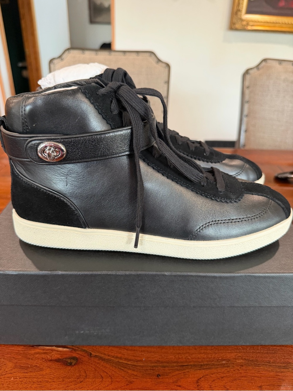 Coach Black Leather & Suede High-Top Sneakers with Cream Sole